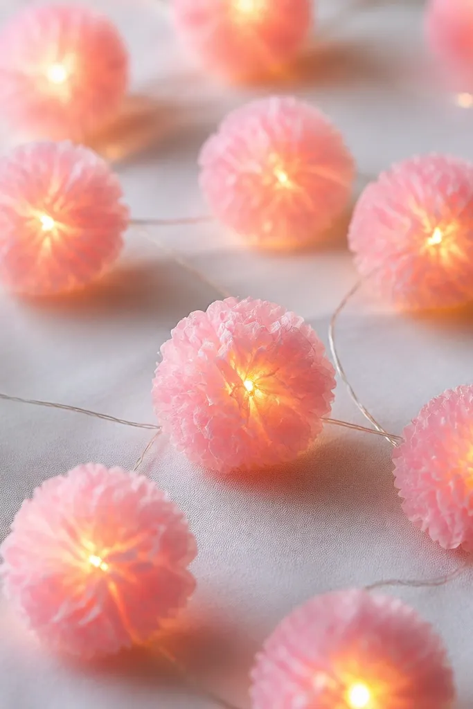 Multiple tiny pink tissue pom-pom flowers, each with a warm micro LED hidden at the center so the petals shimmer softly.
