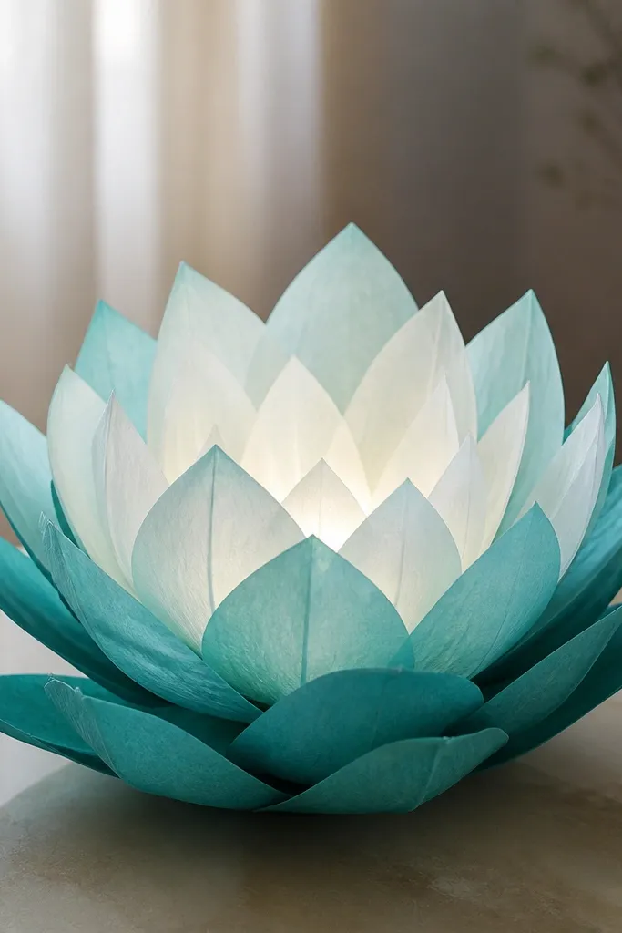 A teal and white lotus-style tissue flower with layered pointed petals, LEDs hidden in the center so it looks like light floating under petals.