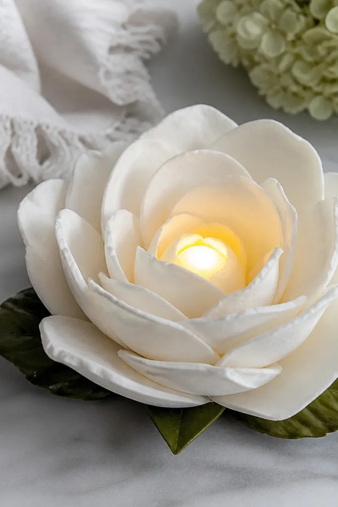 A buttercream tissue gardenia flower with layered petals, a warm LED glow in the center and the battery pack hidden underneath the base.