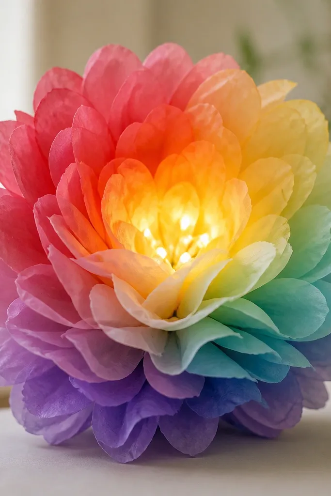 A rainbow ombre tissue paper flower with petals fading from red to yellow to teal to purple, lit with warm white lights in the center.