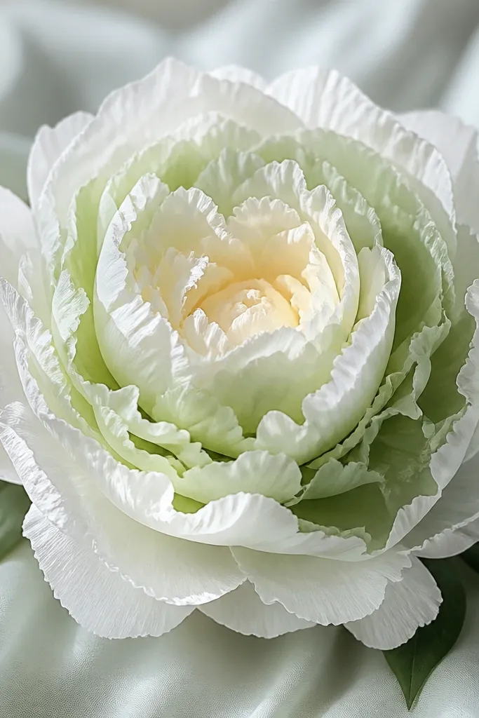 A white and sage tissue peony flower with layered petals, lit so the center glows softly and the outer edges sparkle.