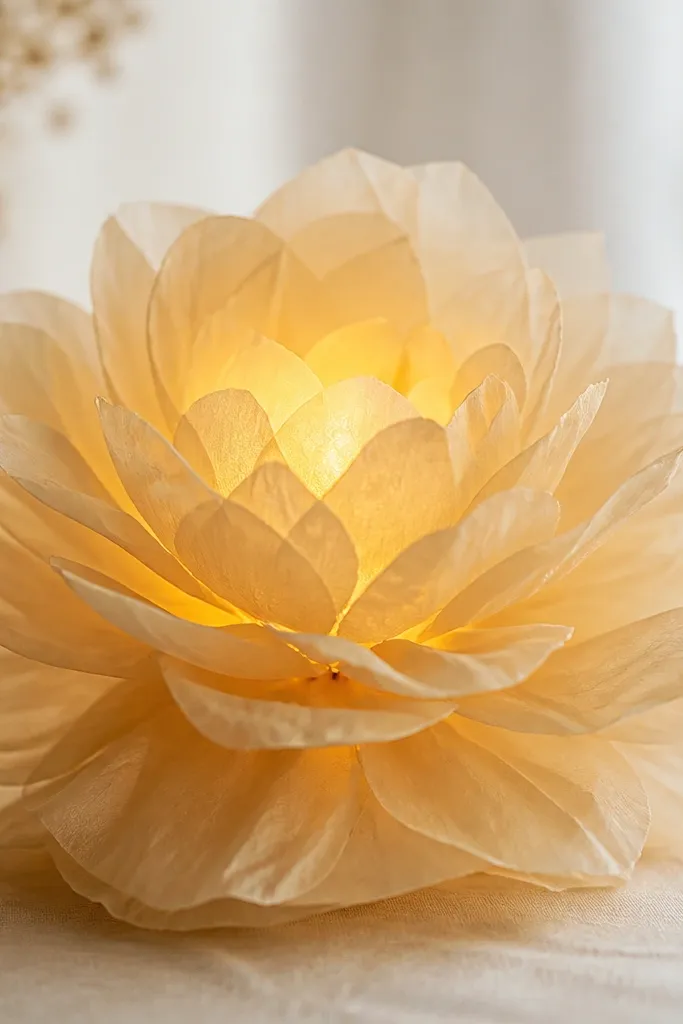 A champagne-gold tissue flower with soft layered petals, glowing from a warm LED center that matches the gold tone.
