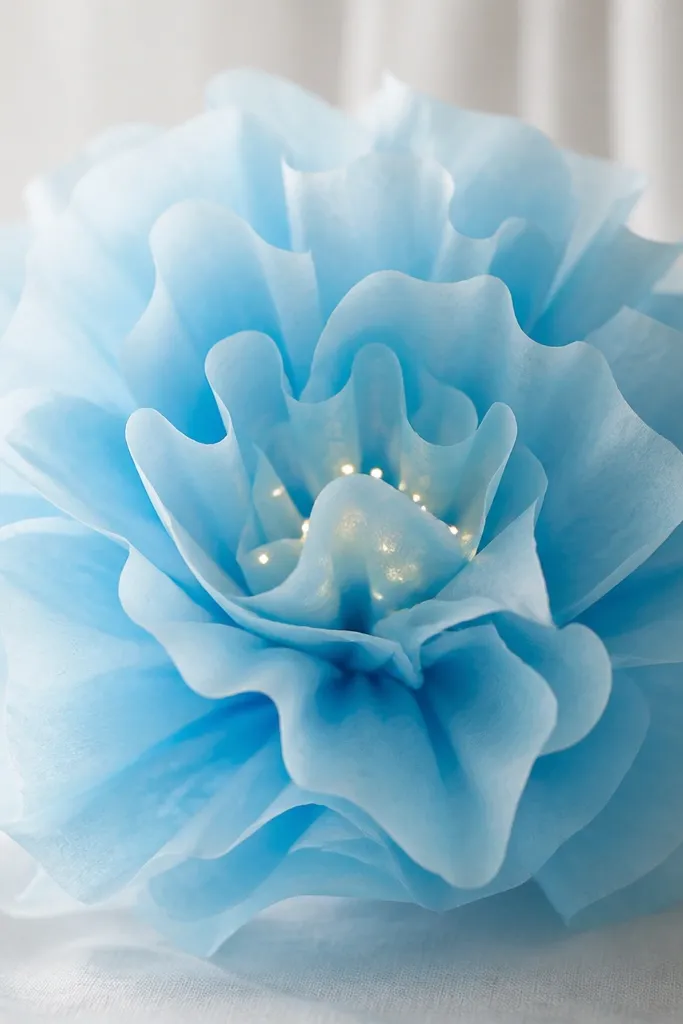 A sky-blue tissue flower with curled petals, with tiny scattered micro LEDs visible only as soft points inside the center cluster.