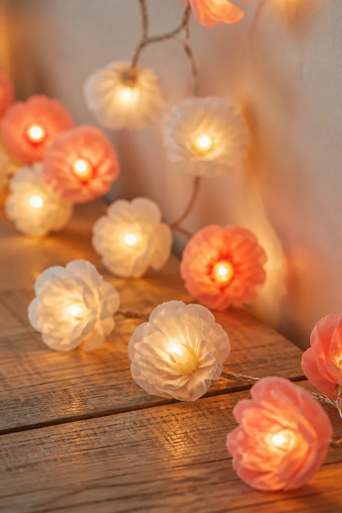A garland of small coral and white tissue flower buds strung together, each bud lit with warm LEDs so the whole line glows like soft lights.