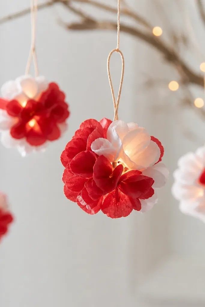 Small red-and-white tissue flowers with lights, hanging like ornaments with a loop on top and a warm glow inside the petal cluster.