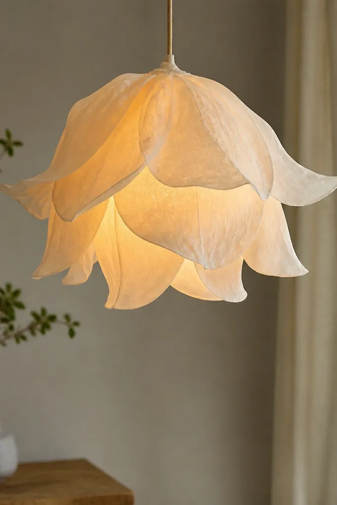 A white tissue flower shaped like a lantern, with a small hanging warm LED inside so the whole flower glows evenly.