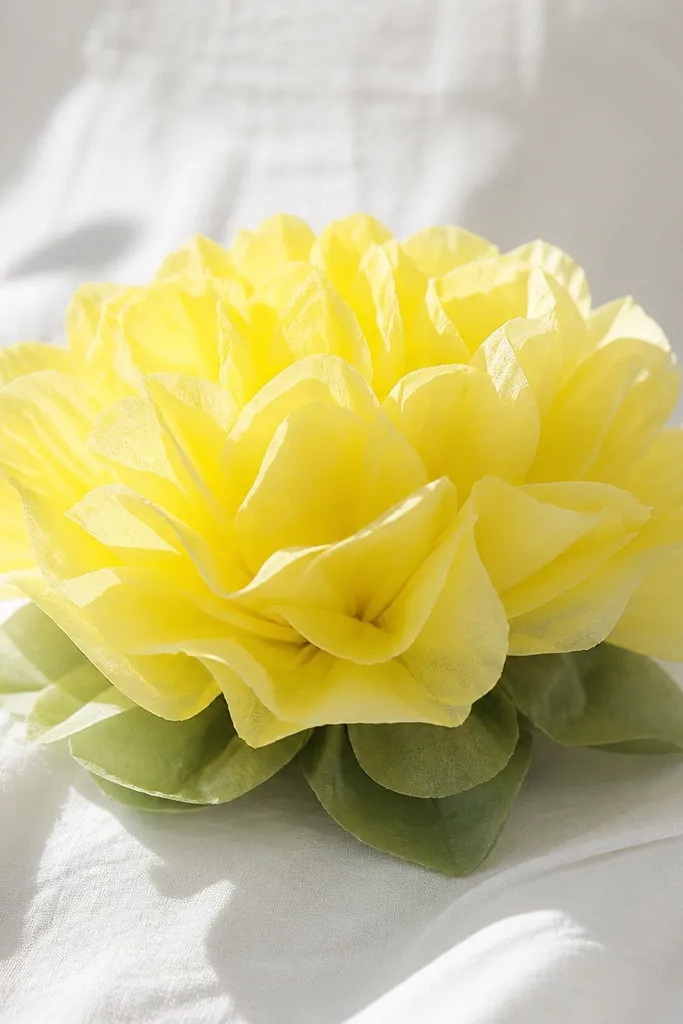 A lemon-yellow tissue flower with small green leaf accents at the base, lit so the petals glow and the leaf base adds a second color tone.