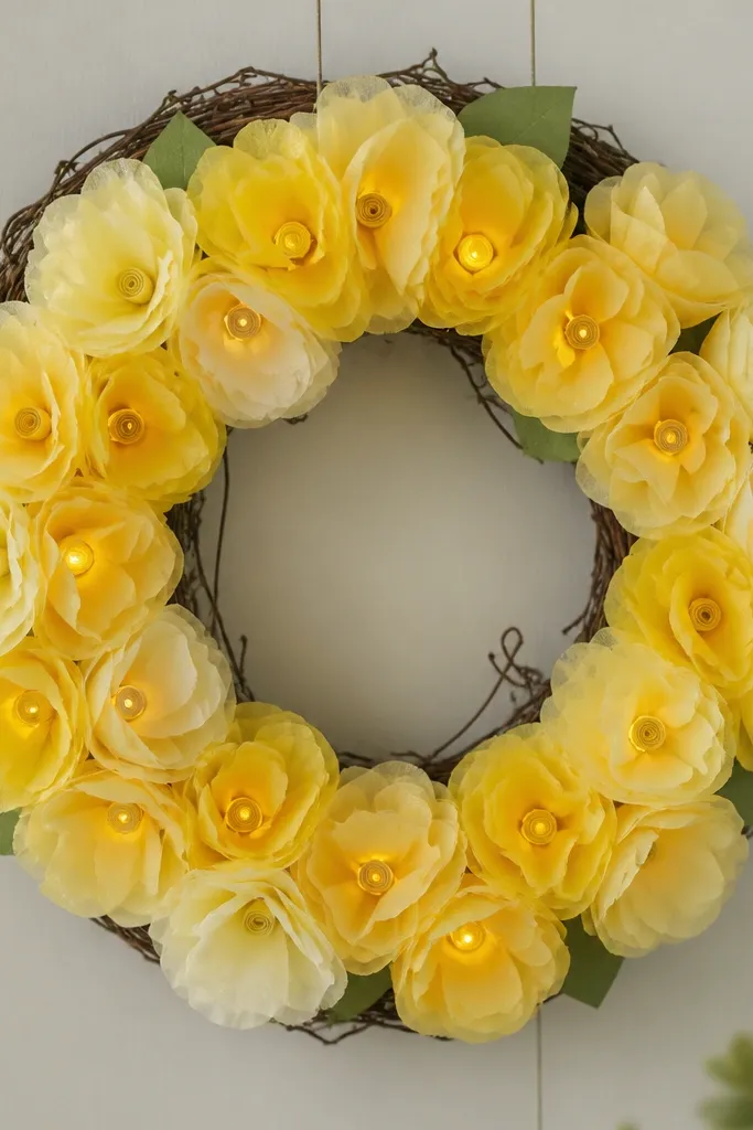 A 12-inch wreath made from lemon-yellow and soft cream tissue flowers. Each flower has a small rolled center and a tiny warm LED candle tucked behind the petals, so the light glows through the paper. The wreath sits on a natural grapevine base with a few green leaf cutouts taped underneath.