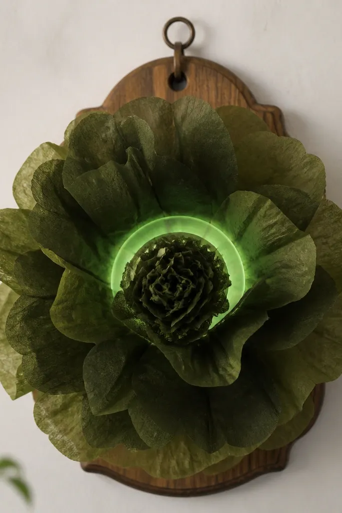 A single large tissue flower in deep moss green and olive. The petals are layered and slightly curled at the edges. Behind the center sits a translucent plastic disc with a green LED light shining through, giving a halo effect. The flower is mounted on a small wooden plaque with a loop for hanging.