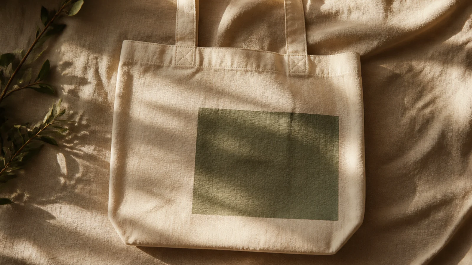 A cream canvas tote with a soft matcha-green rectangle painted off-center on the front, edges clean and the rest bare canvas.