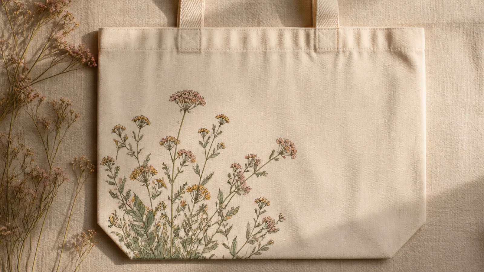 A cream canvas tote with a loose spray of small wildflowers in dusty pink, ochre, and sage rising from the lower left corner.