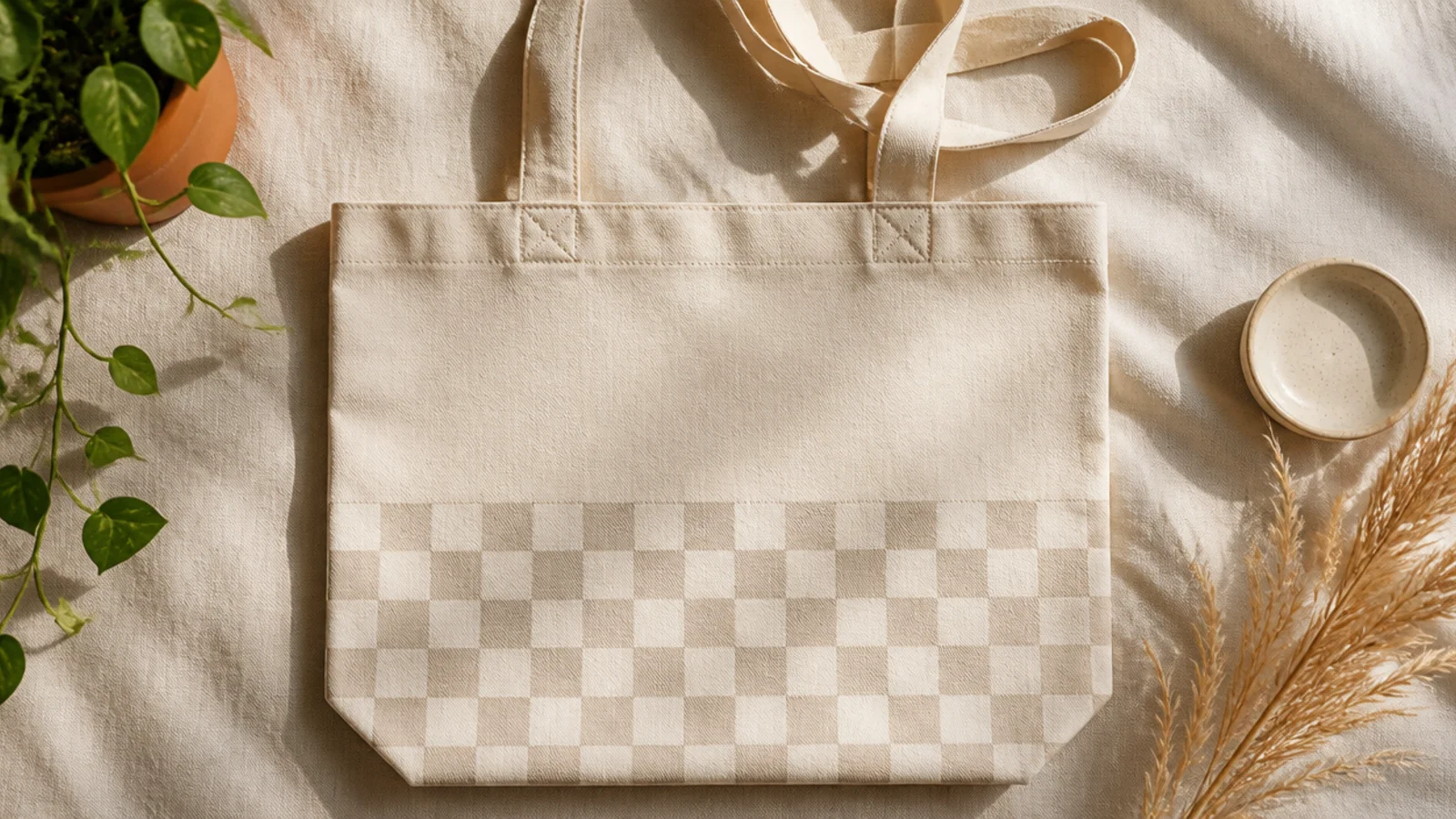 A cream canvas tote with a subtle checkerboard of cream and oat squares covering the lower half, the tones close and understated.
