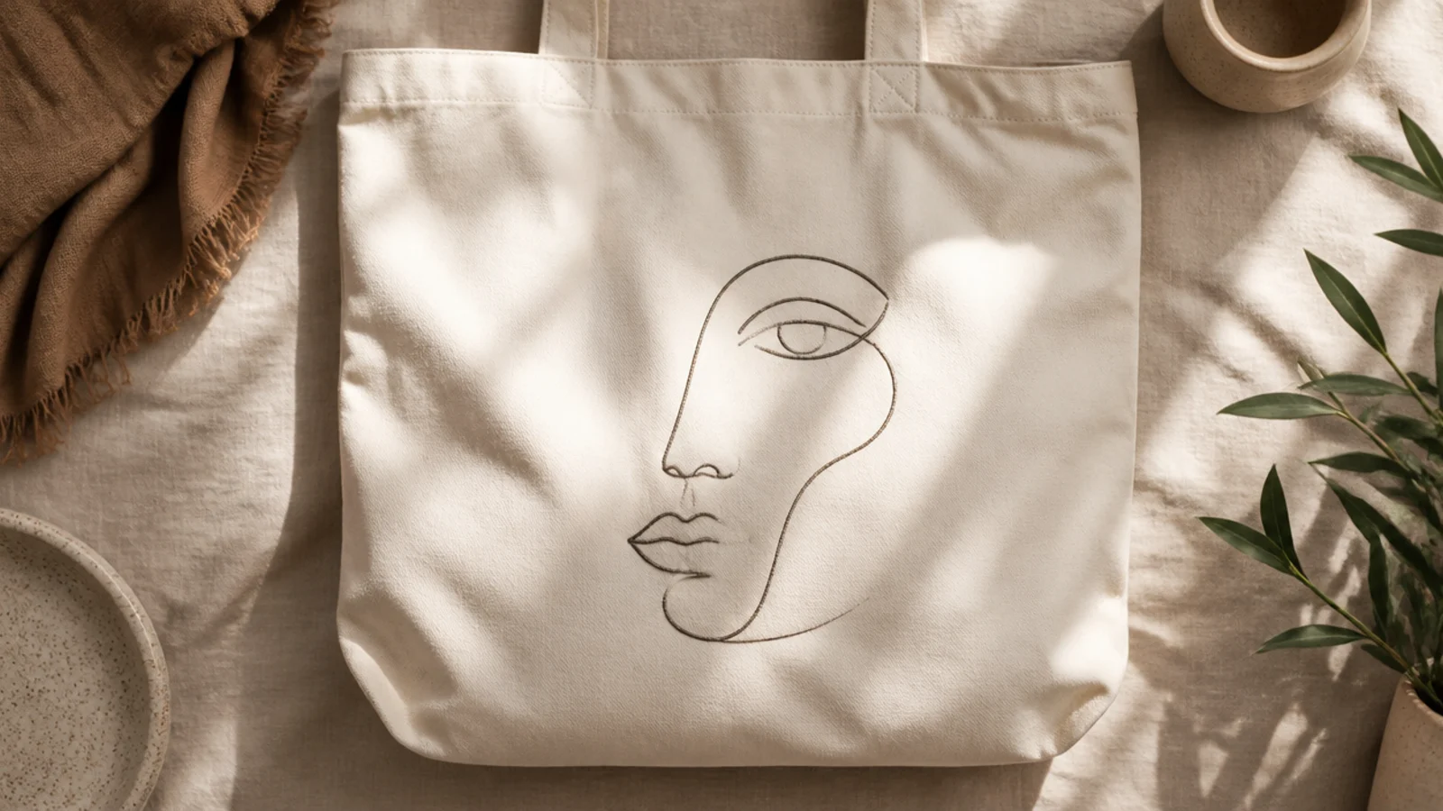 A cream canvas tote with a minimalist continuous-line drawing of an abstract face in charcoal on the center front.