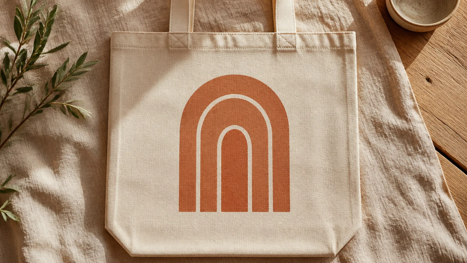 A cream canvas tote with three nested terracotta arches stacked on the center front like a minimalist doorway.