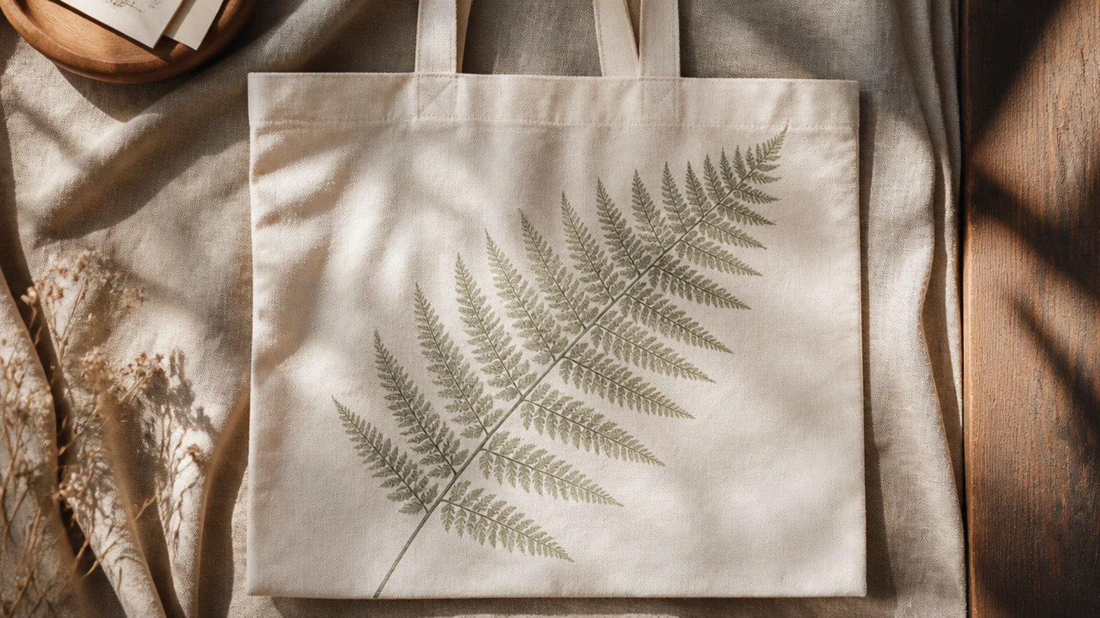 A cream canvas tote with a single delicate sage fern frond printed diagonally across the front, veins visible.