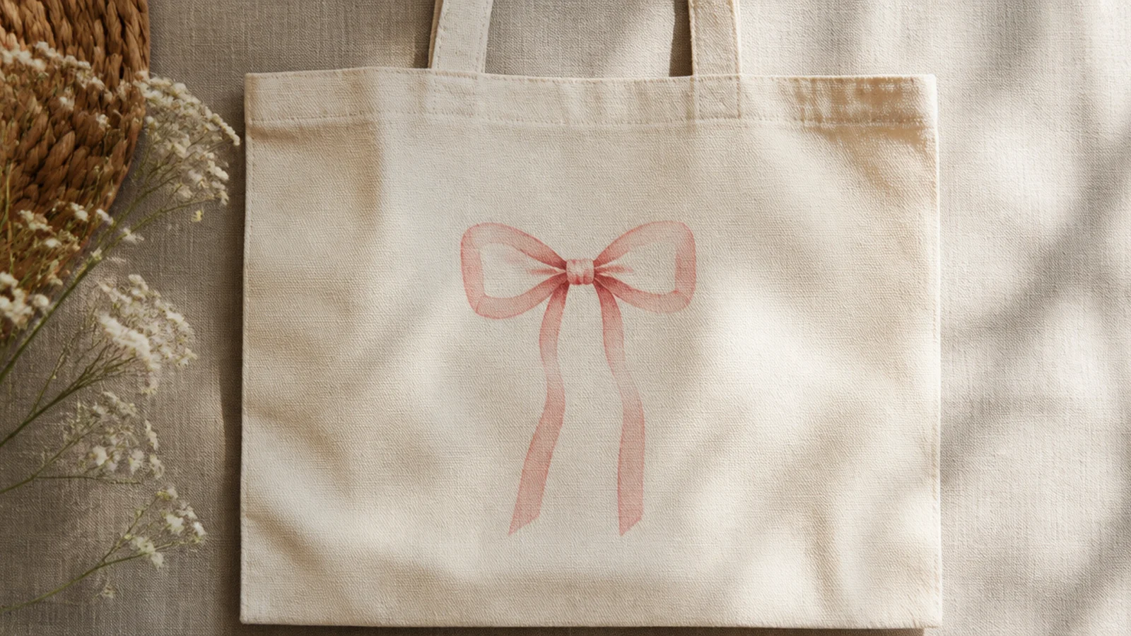 A cream canvas tote with a single soft dusty-pink ribbon bow painted at the center top, ribbon tails trailing down.