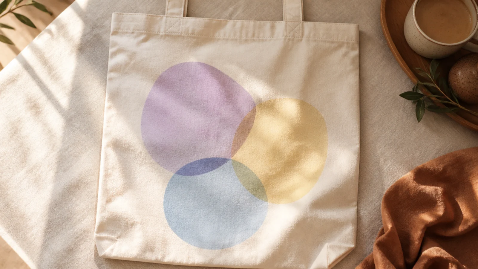 A cream canvas tote with three soft overlapping pastel shapes - lilac, butter, and sky blue - arranged loosely on the front.