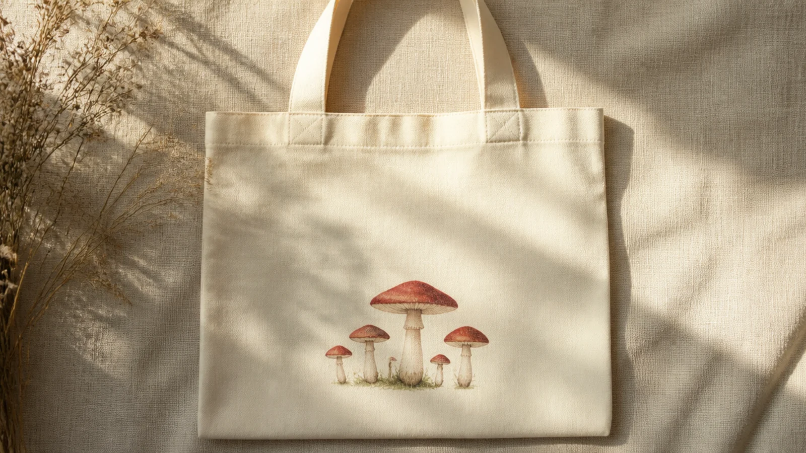 A cream canvas tote with a small cluster of muted red-capped mushrooms with cream stems painted in the lower center.