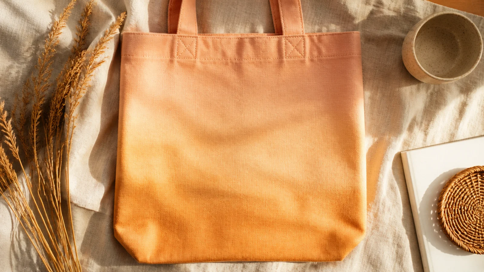 A canvas tote washed in a soft golden-hour gradient from peach at the top to warm ochre at the bottom, blended smooth.