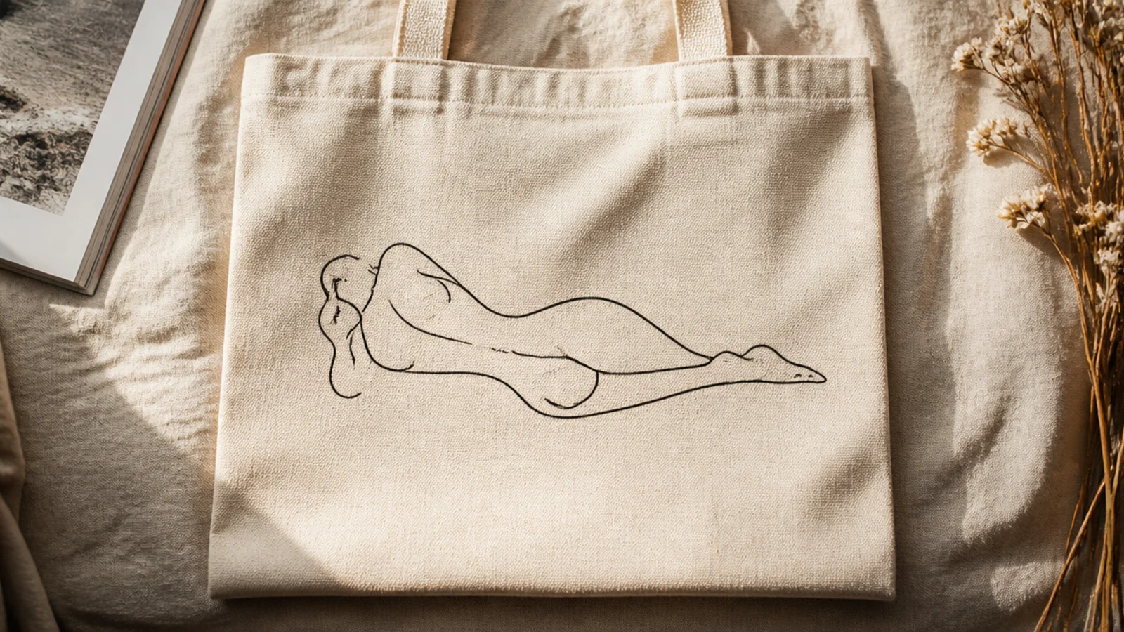 A cream canvas tote with a minimalist continuous-line drawing of a reclining figure in charcoal across the center.