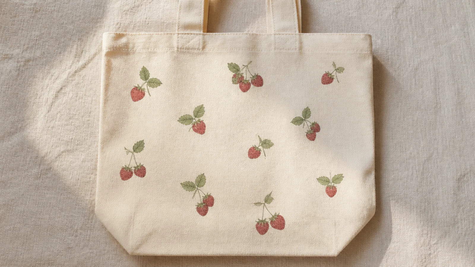 A cream canvas tote with a few small dusty-red strawberries with sage leaves scattered lightly across the upper front.