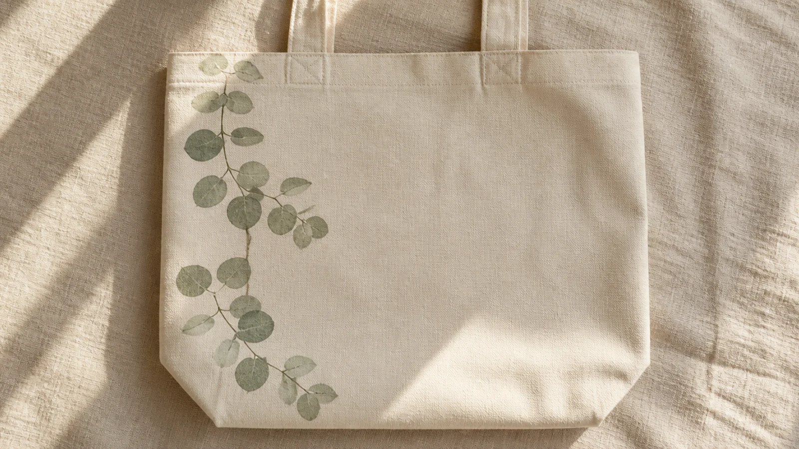A cream canvas tote with a single trailing eucalyptus sprig in soft sage curving down the left side of the front.