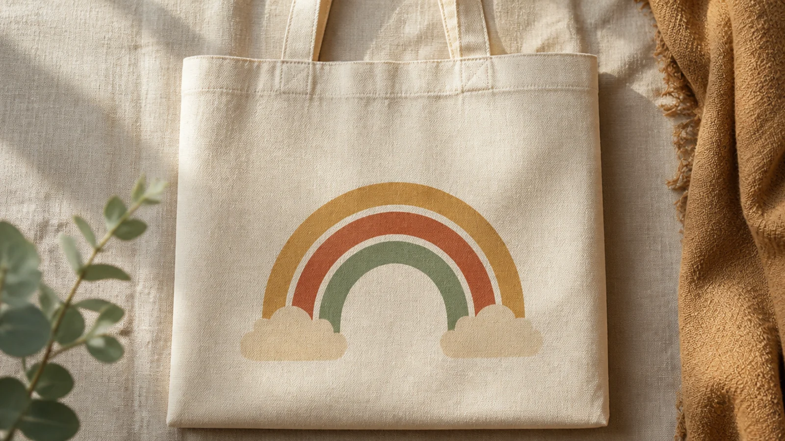 A cream canvas tote with a retro rainbow of muted mustard, rust, and sage bands ending in small clouds, centered low.