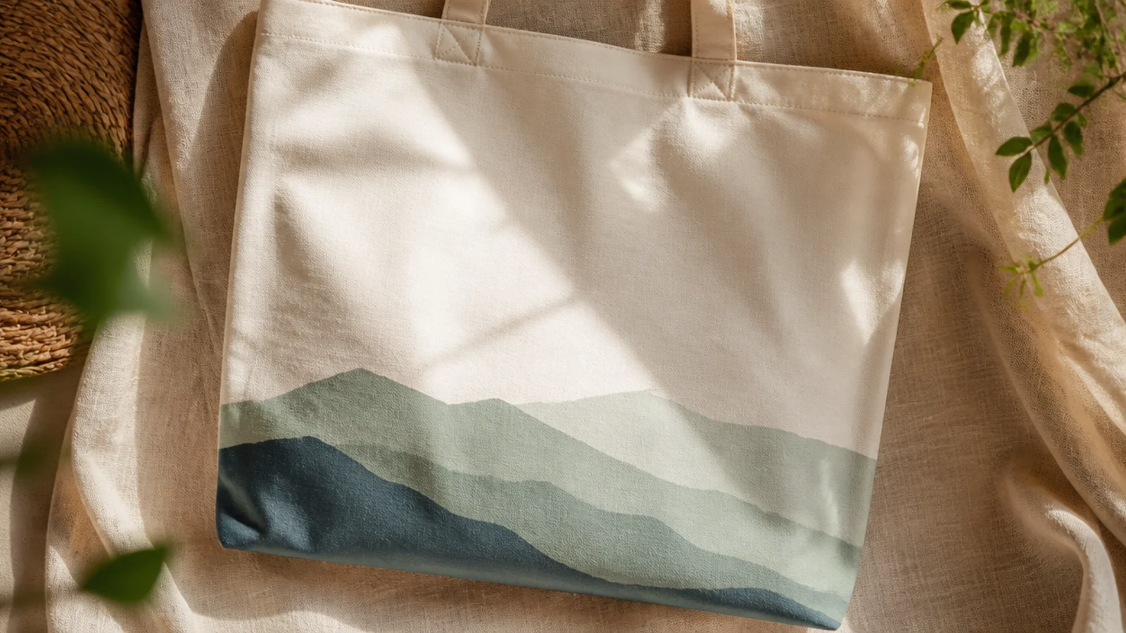 A cream canvas tote with a simple layered mountain range in dusty blue and sage silhouettes across the lower front.