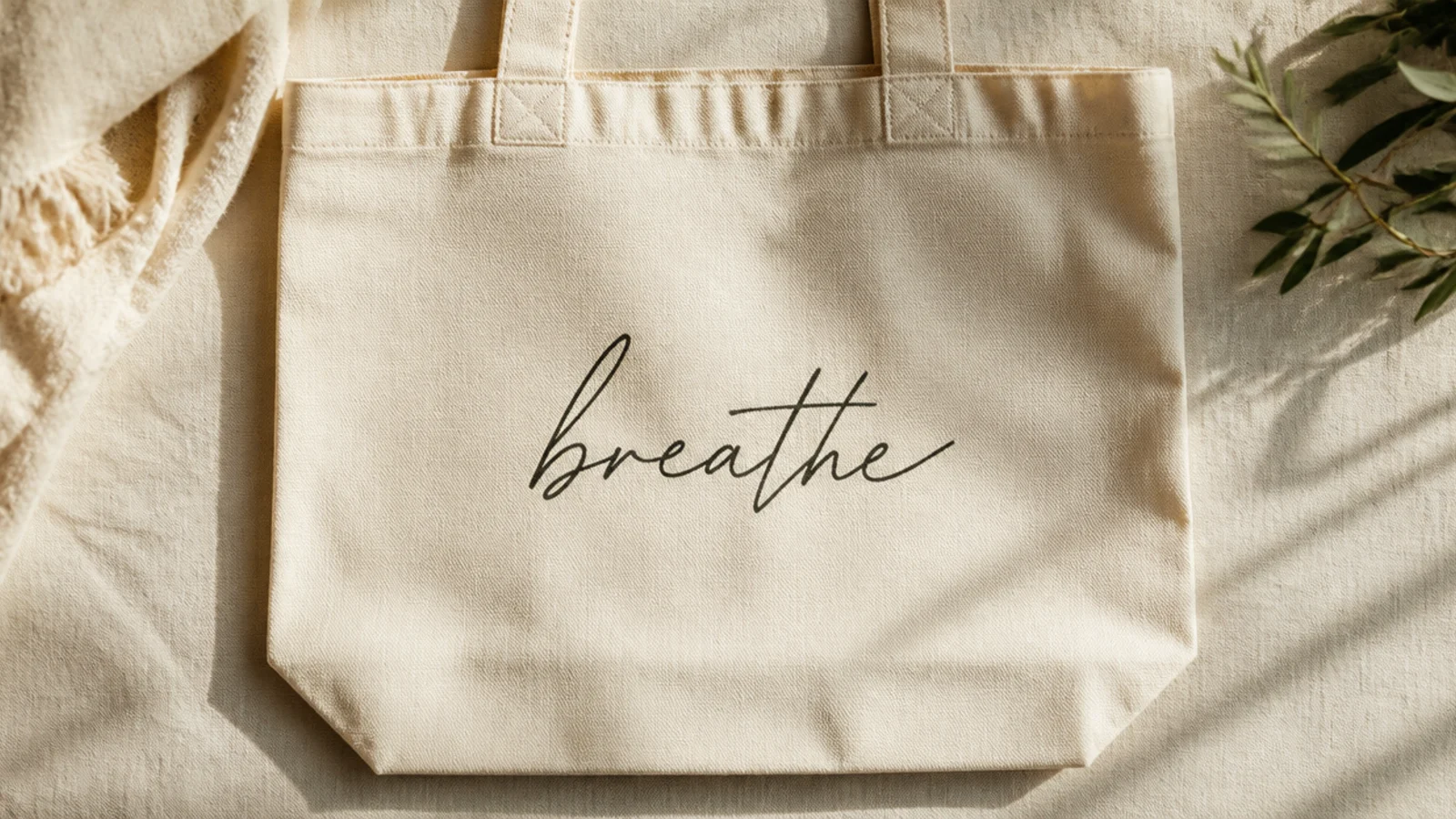 A cream canvas tote with a single short word in flowing charcoal script handwriting across the center front.