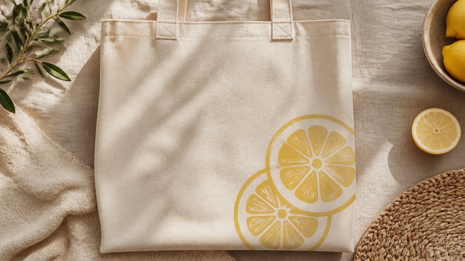 A cream canvas tote with two stylized lemon slices in soft yellow with cream segments painted in the lower right.