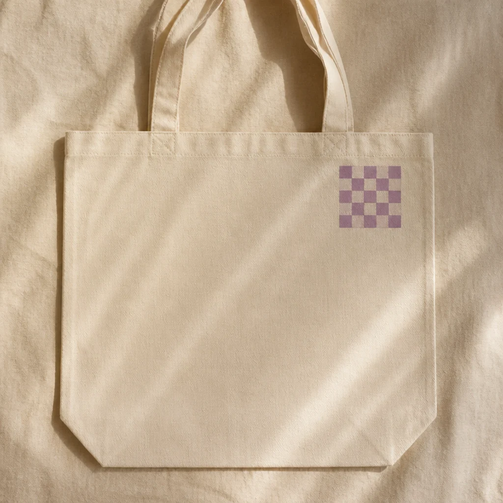 A cream canvas tote with a single small checkerboard square in muted lilac and cream placed in the upper right corner.