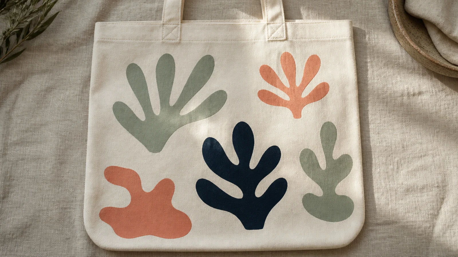A cream canvas tote with a few organic Matisse-style cut-out shapes in sage, coral, and navy scattered across the front.