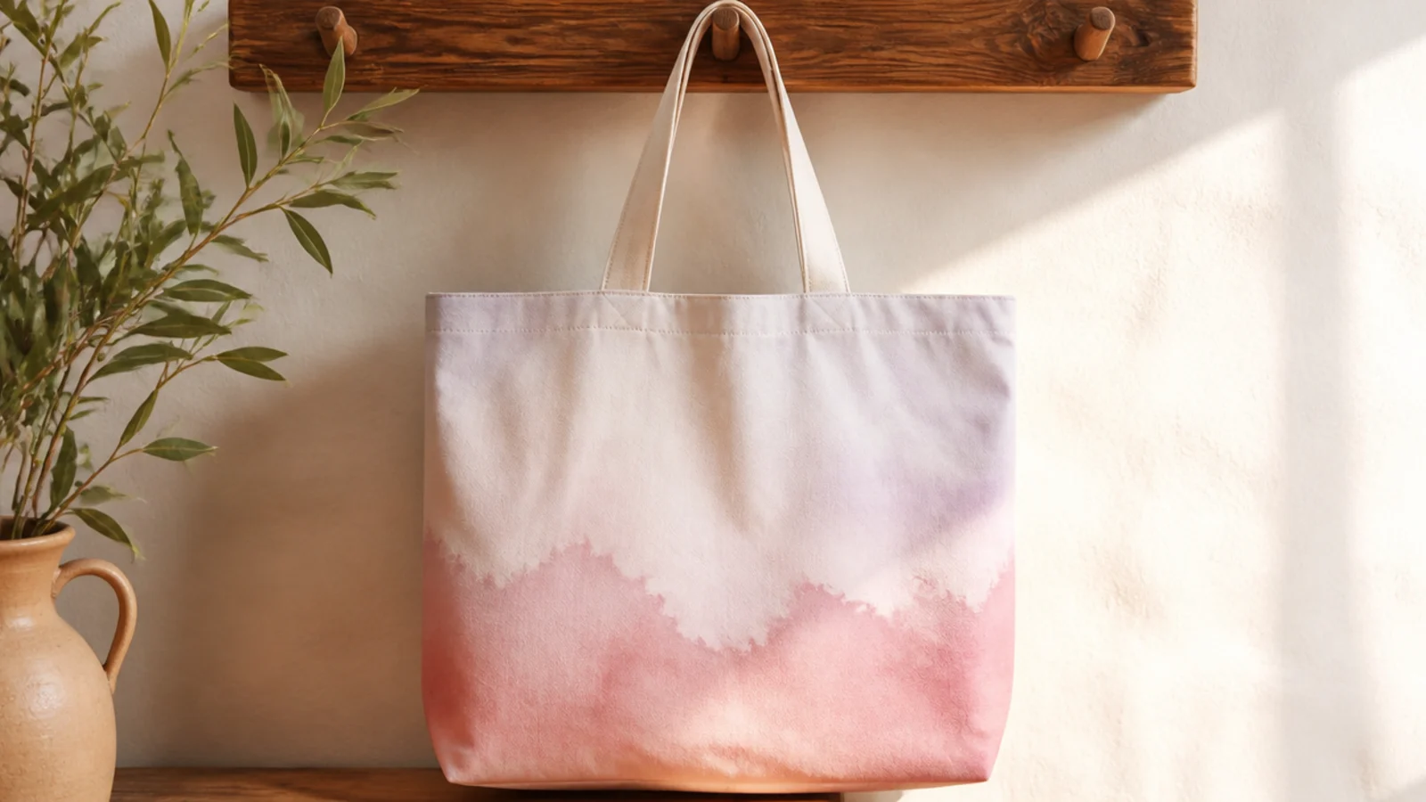 A canvas tote with a soft watercolor-style wash blooming from blush at the bottom to pale lilac at the top, edges feathered.