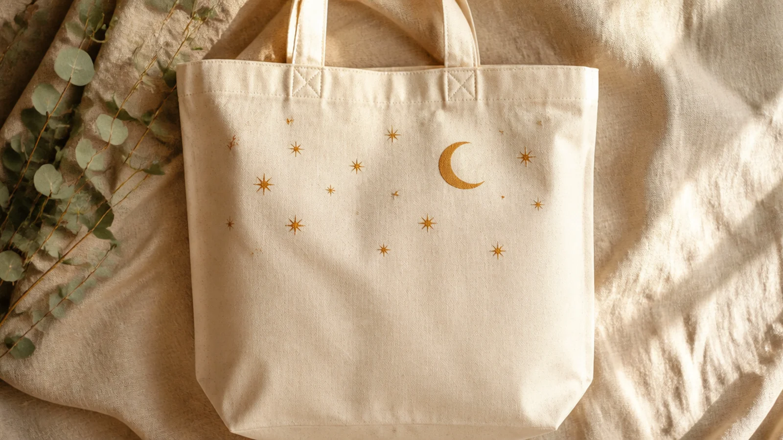 A cream canvas tote with a scatter of small ochre stars and a thin crescent moon painted across the upper front.