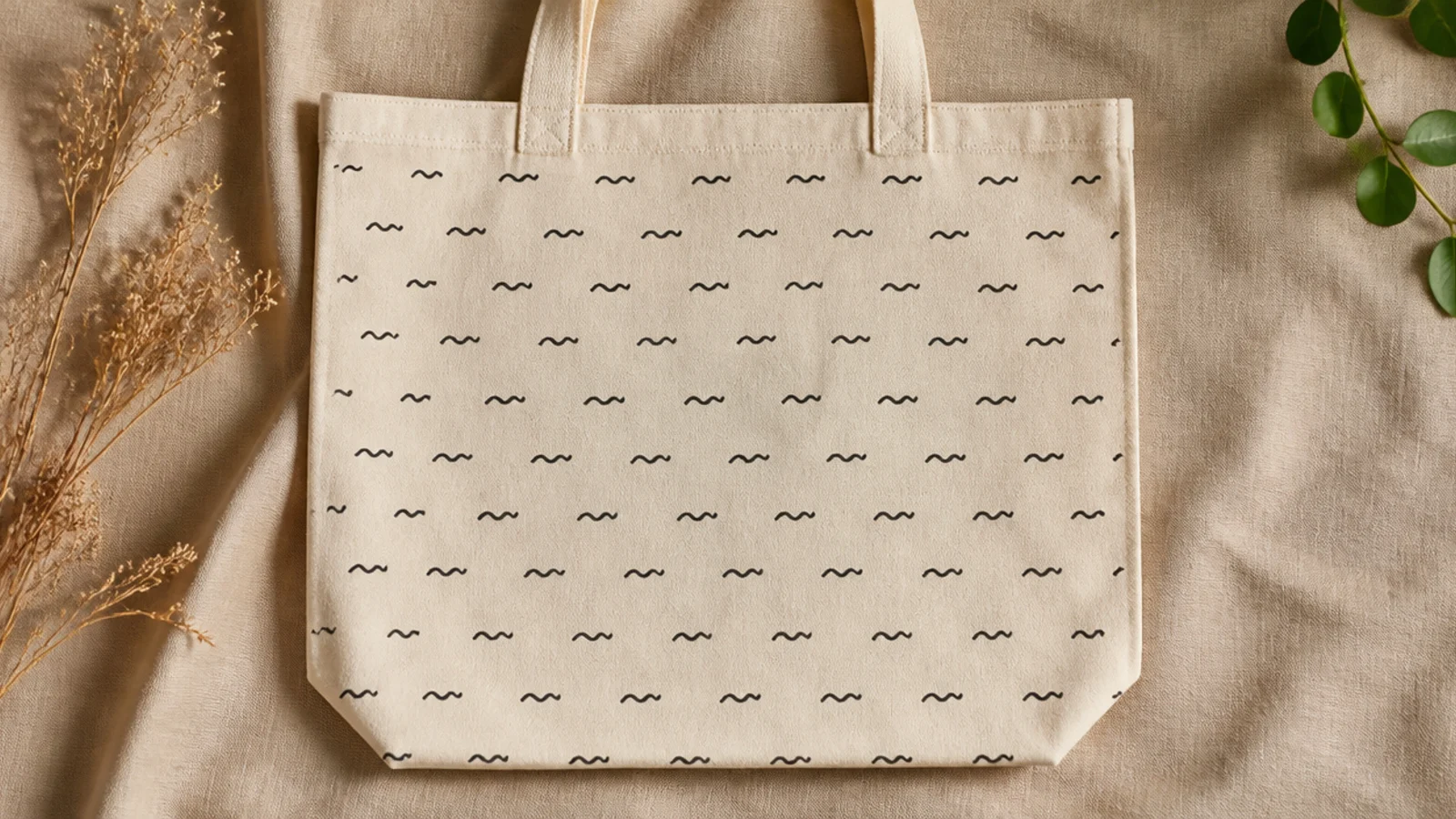 A cream canvas tote covered in an even field of small charcoal squiggles arranged in a loose grid across the front.