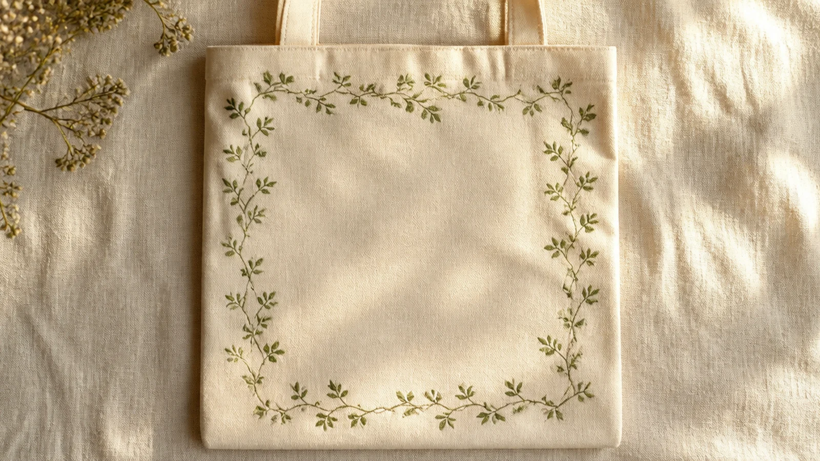 A cream canvas tote with a thin trailing sage vine and small leaves running around the outer edge of the front like a frame.