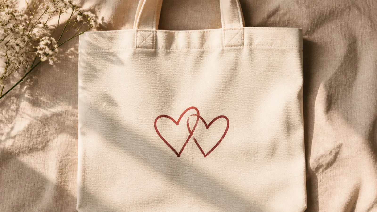 A cream canvas tote with two small hand-drawn heart outlines in dusty red overlapping slightly at the center front.