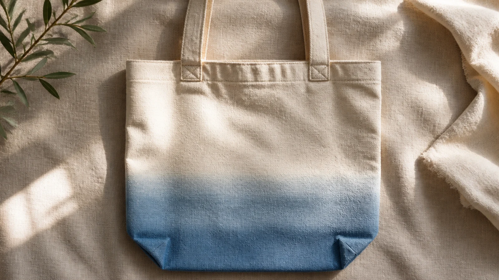 A canvas tote with the bottom half dip-dyed in a soft dusty-blue ombré that fades to bare canvas at the midpoint.