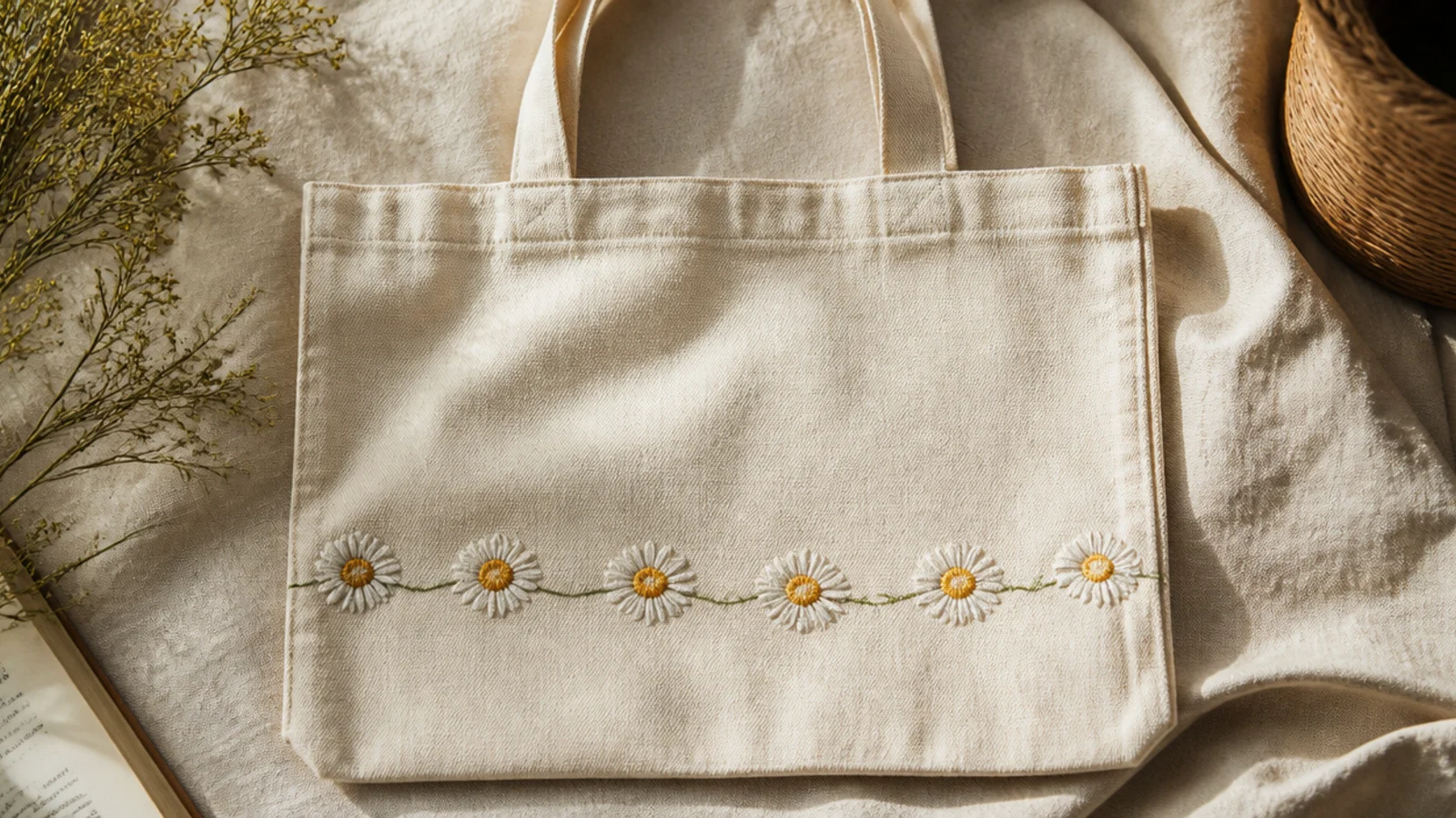 A cream canvas tote with a row of simple white daisies with yellow centers linked by a thin green stem across the lower front.