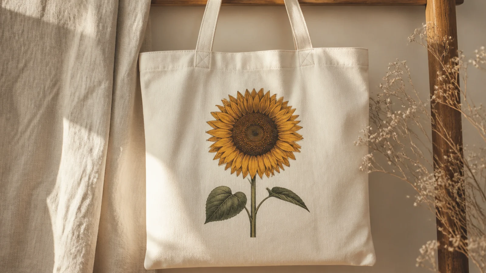 A cream canvas tote with one large sunflower, golden ochre petals around a textured brown center, on a green stem in the center.