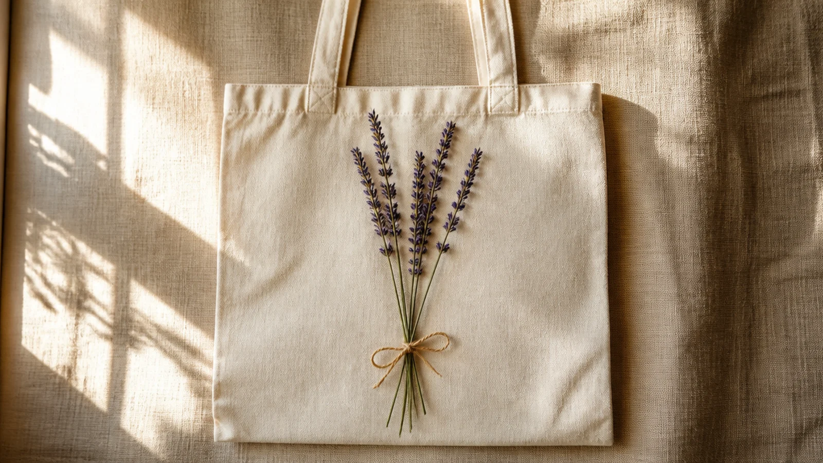 A cream canvas tote with three tall lavender sprigs, purple bud dots climbing thin sage stems, tied loosely at the base.