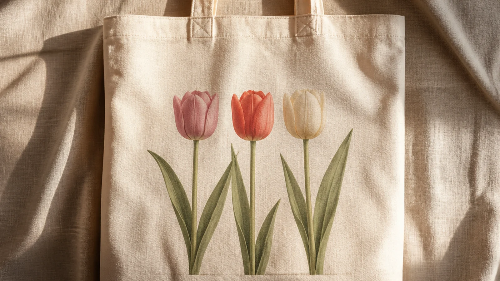 A cream canvas tote with a neat row of three tulips in dusty pink, coral, and cream on straight green stems with long leaves.