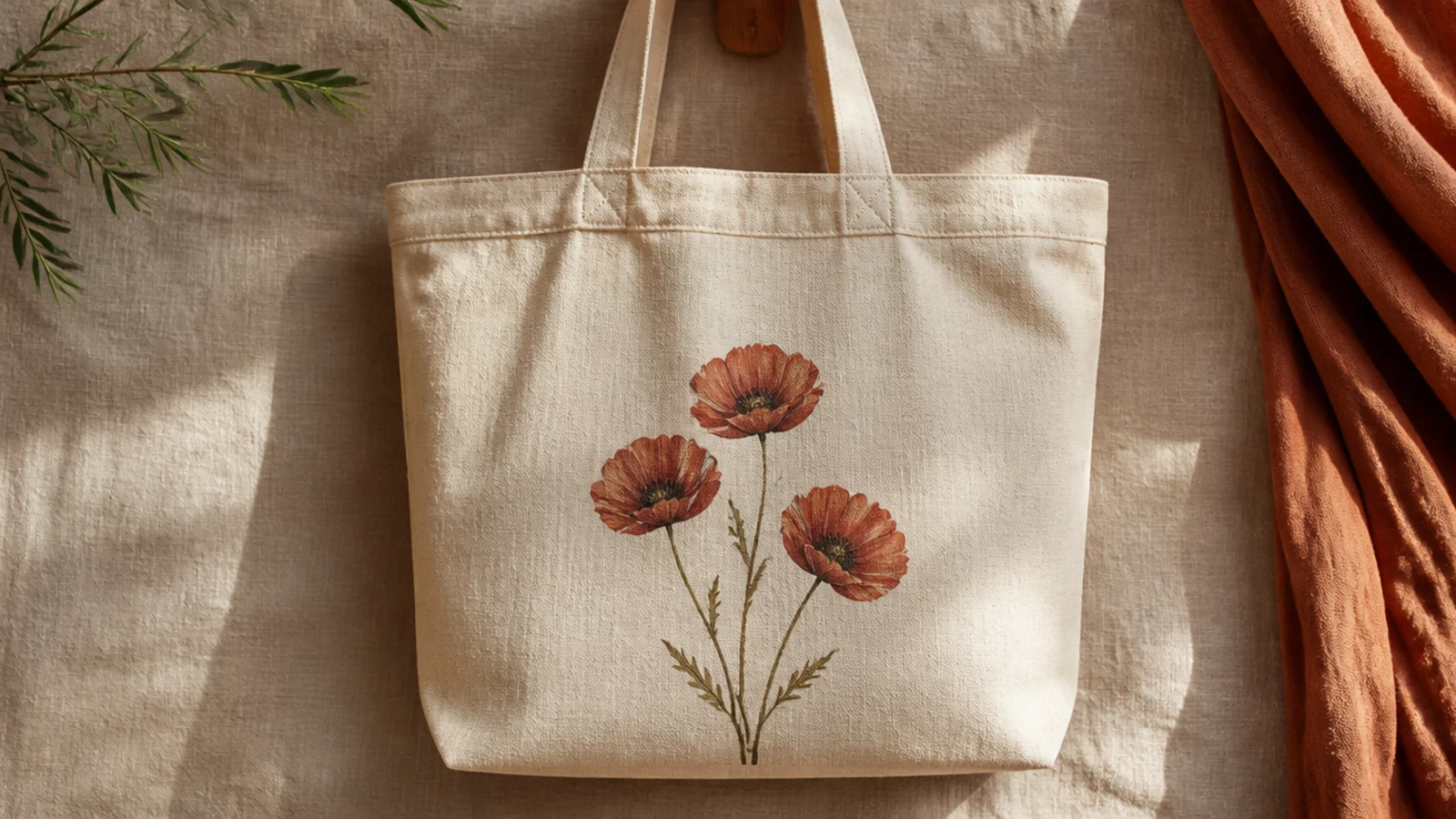 A cream canvas tote with a cluster of three dusty-red poppies with dark centers and thin wiry stems in the lower front.