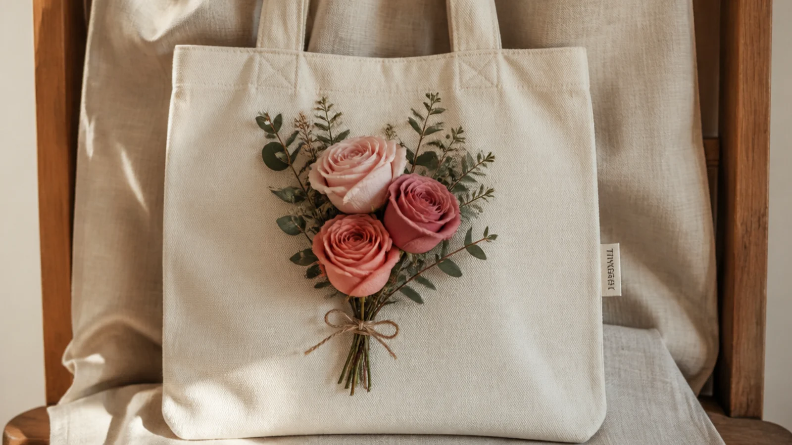 A cream canvas tote with a small posy of three spiral roses in blush and dusty rose with sage leaves, tied at the base.