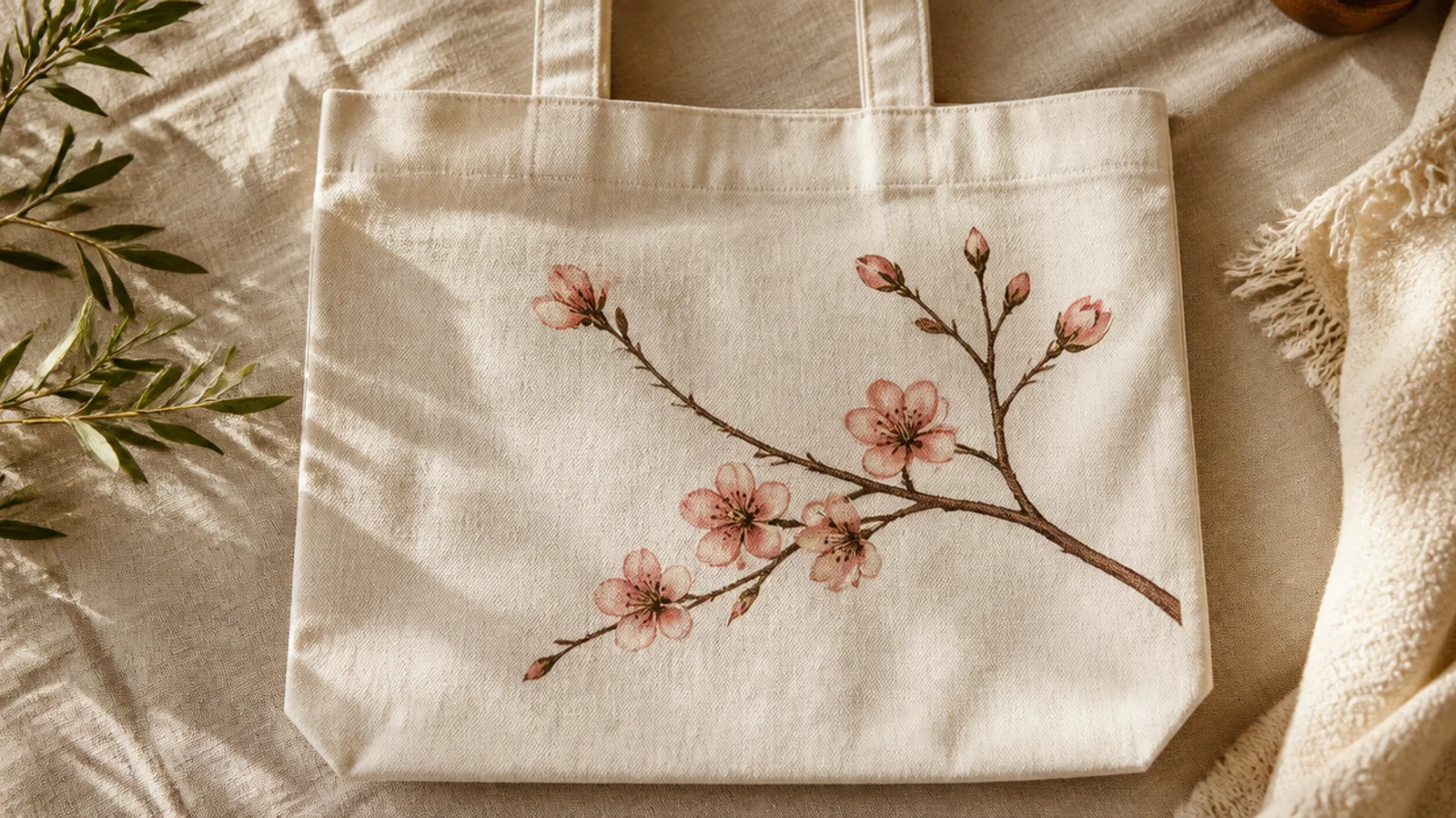 A cream canvas tote with a slender brown branch arcing across the front dotted with soft pink five-petal blossoms and buds.