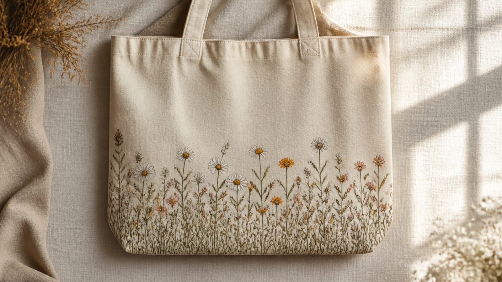A cream canvas tote with a low band of mixed wildflowers - daisies, buds, and grasses - in dusty pink, ochre, and sage across the bottom.