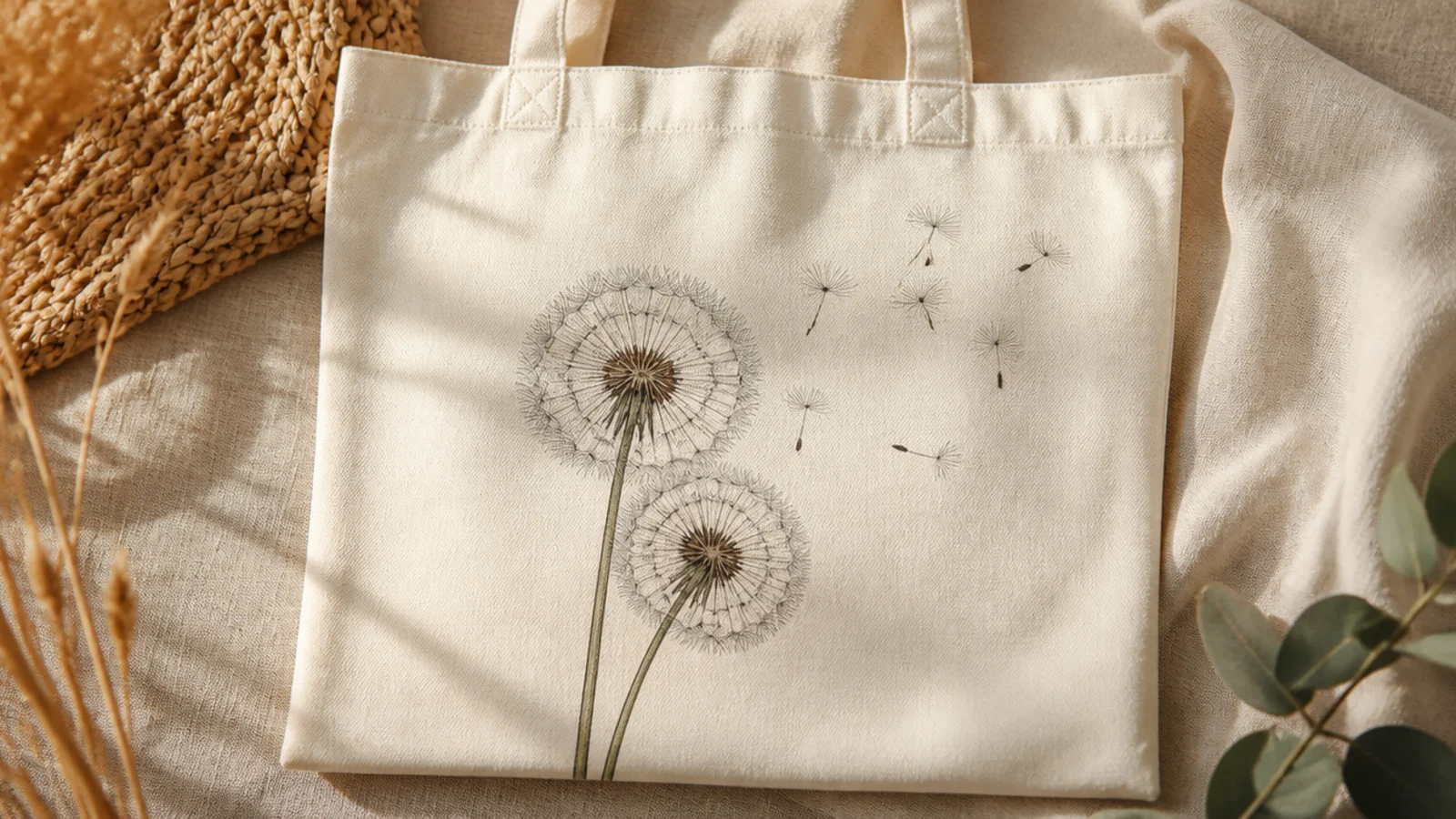 A cream canvas tote with two dandelion puffs of fine radiating seed lines in soft gray-white, a few seeds drifting away on the breeze.