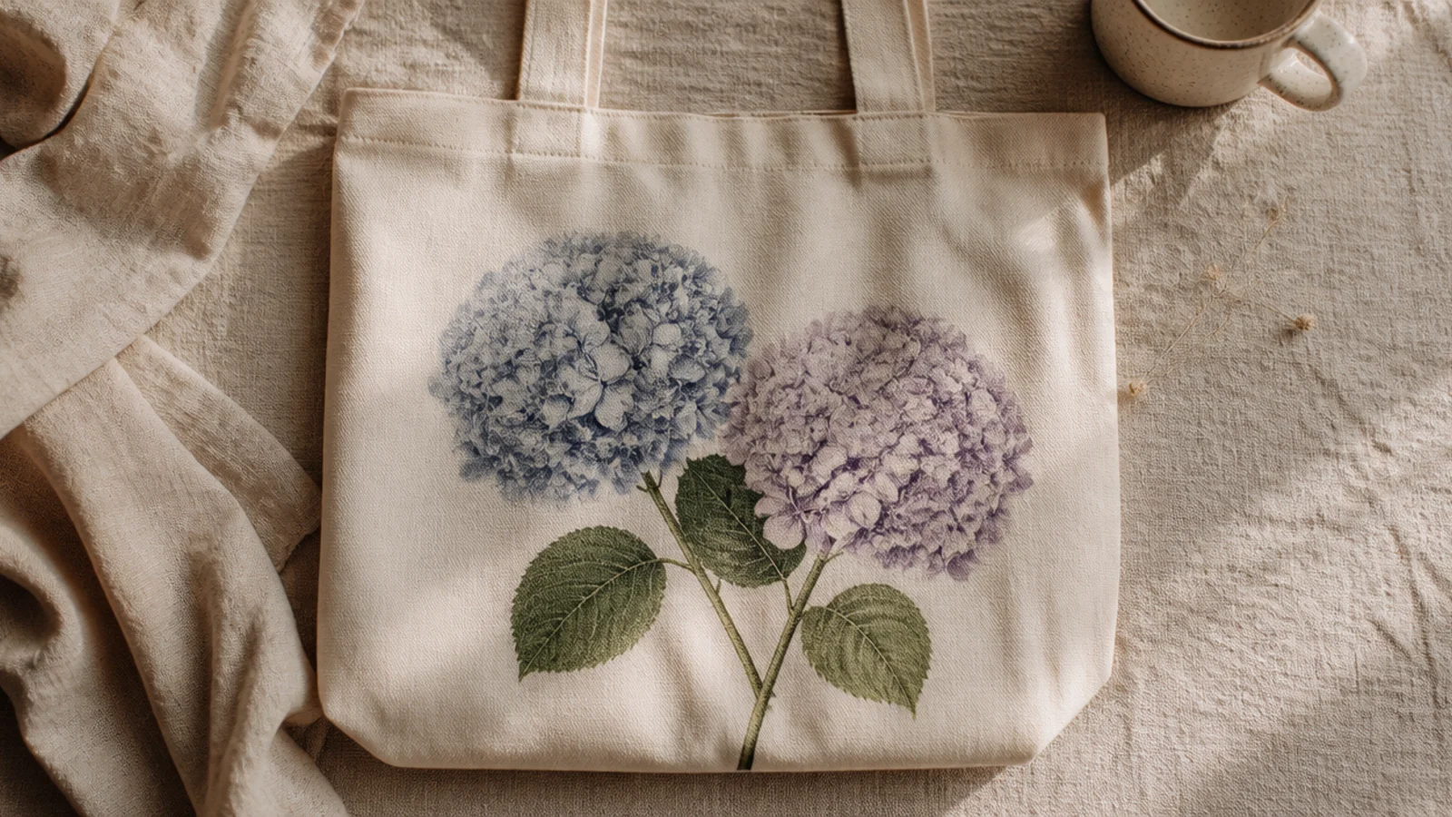 A cream canvas tote with two full hydrangea blooms made of many small four-petal florets in dusty blue and lilac with green leaves.