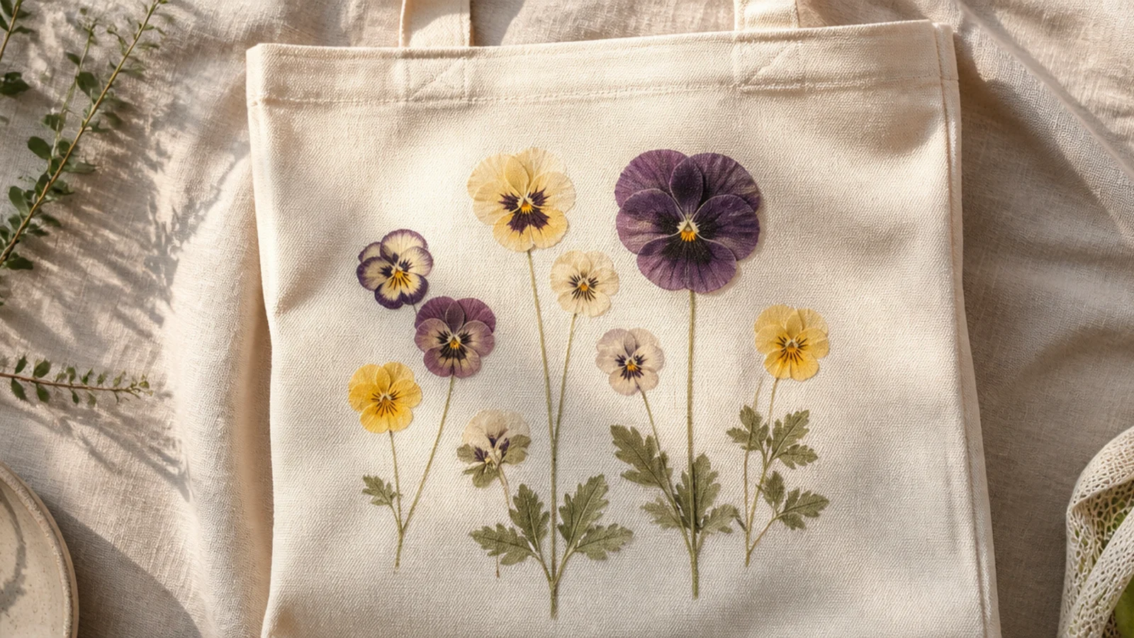 A cream canvas tote with a few pressed-flower-style pansies in purple and yellow with dark centers arranged like a botanical study.