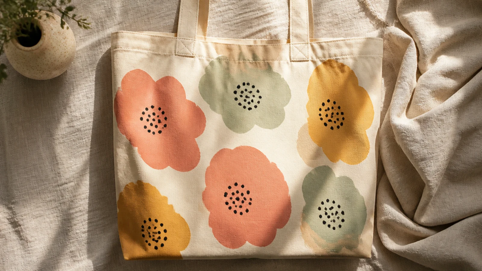 A cream canvas tote with loose abstract flowers made of soft color blobs and dot centers in coral, ochre, and sage across the front.